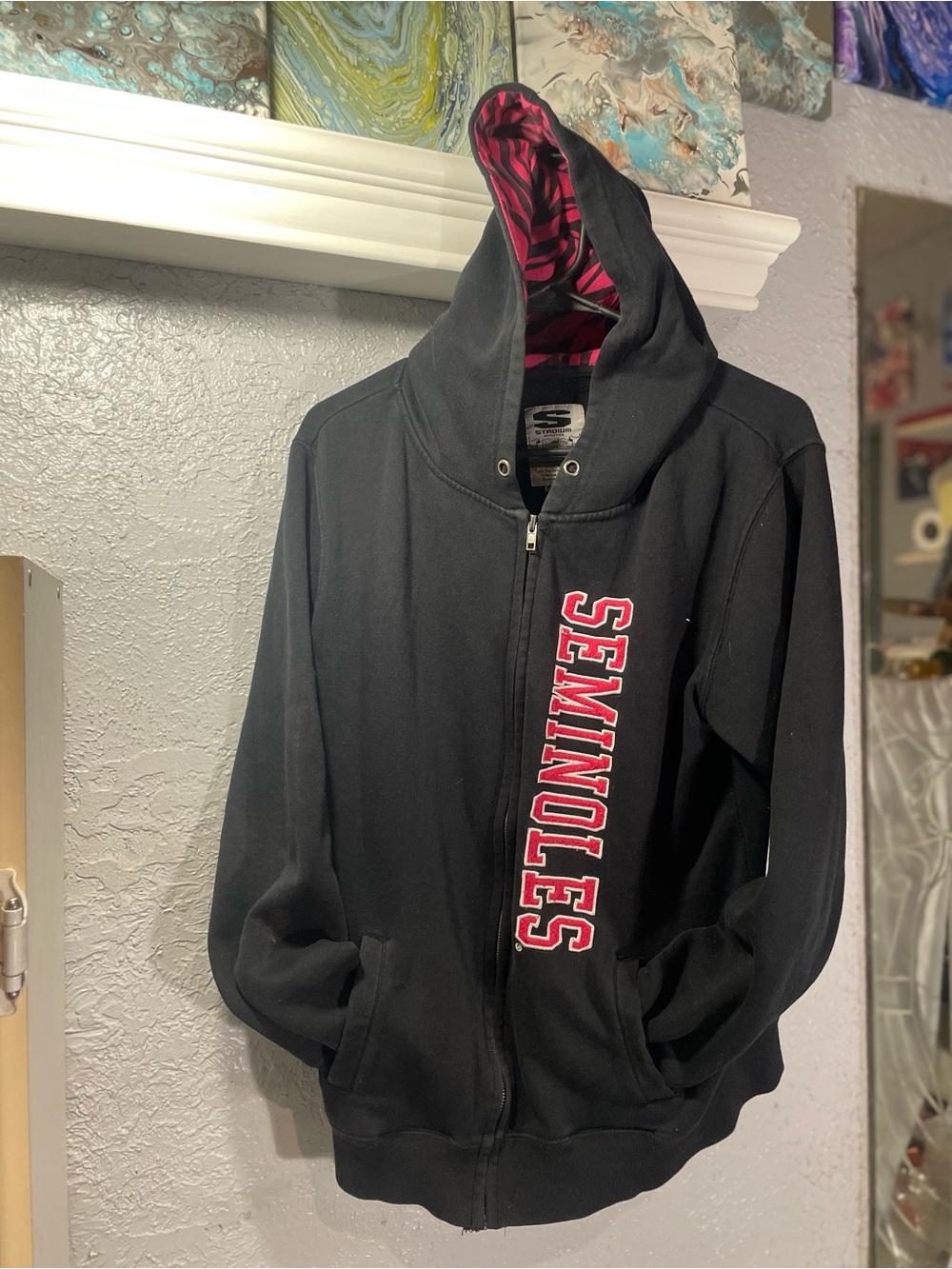 Stadium Athletics Black Hoodie with Pink Zebra-Lined Hood